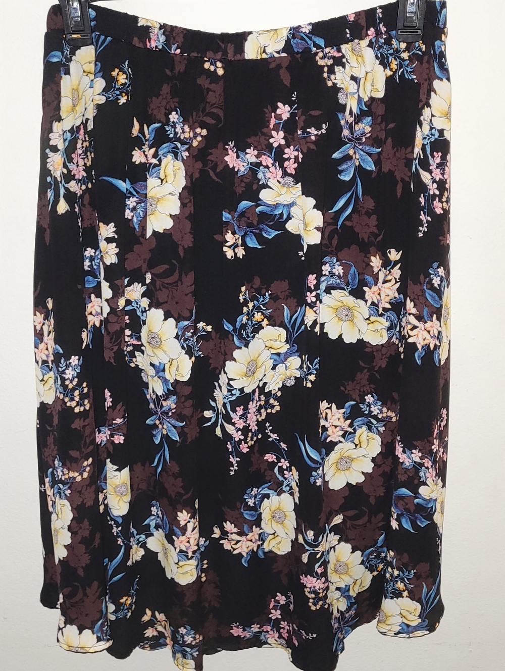 bobeau Black Floral Midi Skirt with Yellow, Blue & Pink Flowers